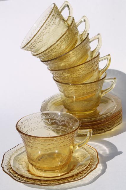 photo of Madrid pattern vintage yellow depression glass tea cups & saucers set of 6 #2