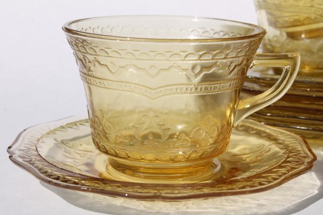 photo of Madrid pattern vintage yellow depression glass tea cups & saucers set of 6 #3