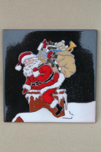 photo of Mag-Mor hand-painted art pottery tile trivet w/ Christmas Santa Claus #2