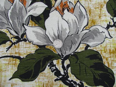 photo of Magnolia flowers, vintage floral print cotton barkcloth fabric, never used #2
