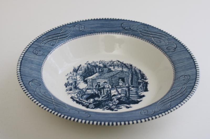 photo of Maple Sugaring scene vintage Currier & Ives blue and white china serving bowl #1