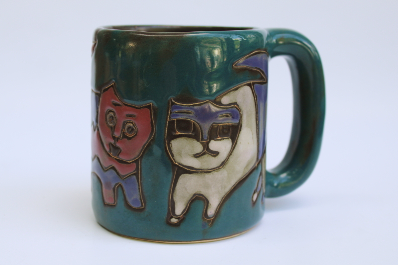 photo of Mara Mexico stoneware pottery mug, arty funky cats design on teal glaze ceramic  #1