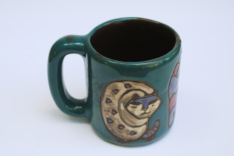 photo of Mara Mexico stoneware pottery mug, arty funky cats design on teal glaze ceramic #2
