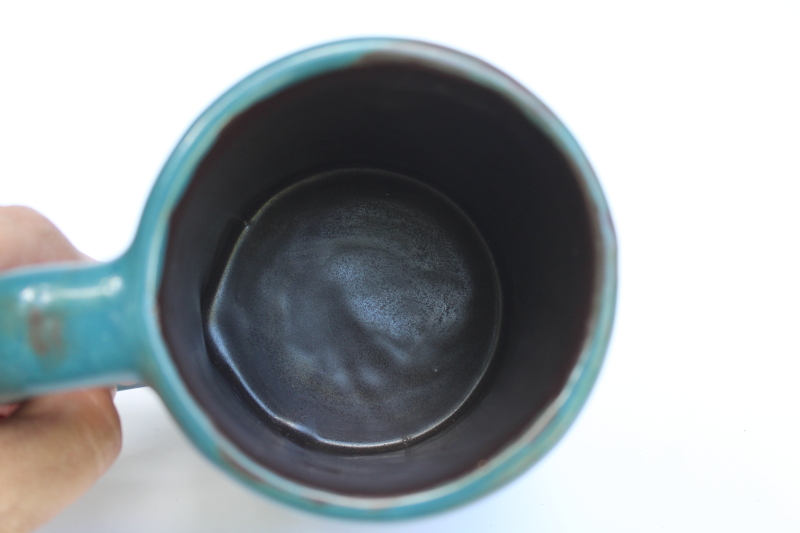 photo of Mara Mexico stoneware pottery mug, arty funky cats design on teal glaze ceramic #3