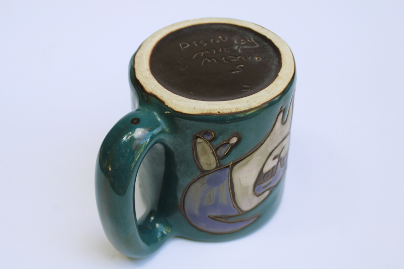 photo of Mara Mexico stoneware pottery mug, arty funky cats design on teal glaze ceramic #4