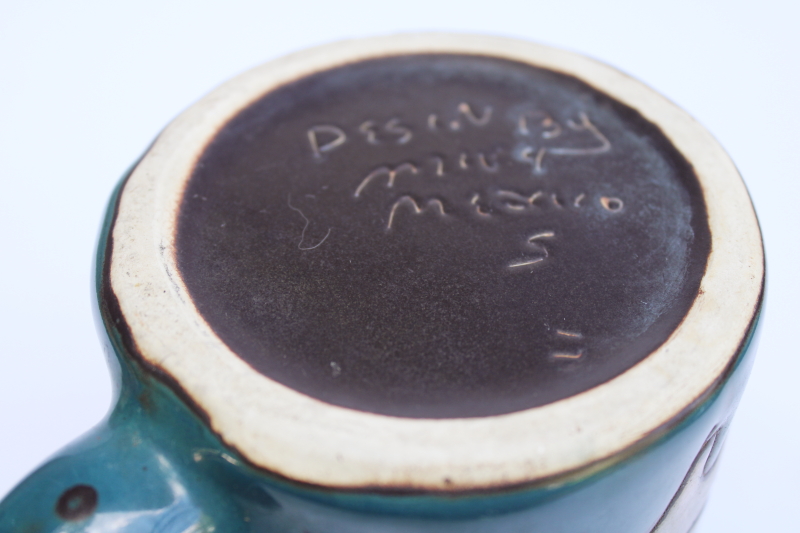 photo of Mara Mexico stoneware pottery mug, arty funky cats design on teal glaze ceramic #5