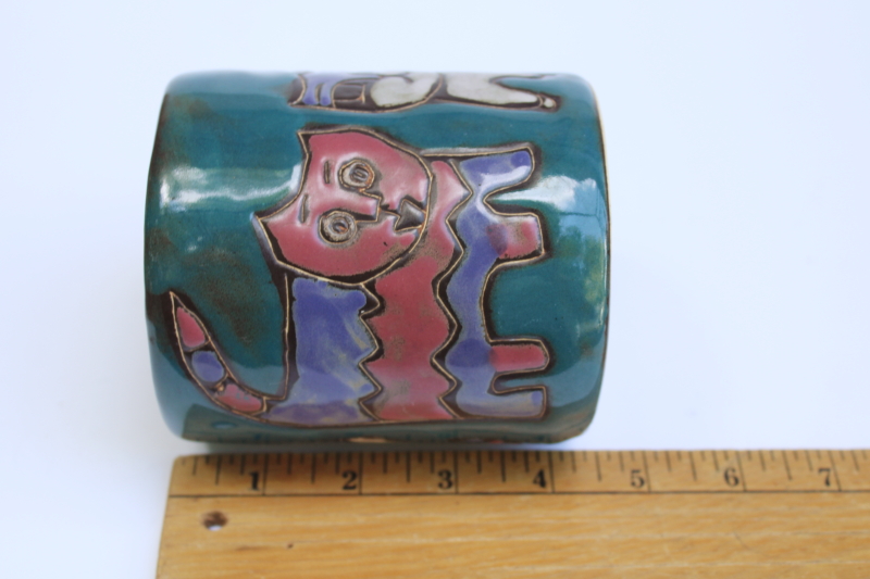 photo of Mara Mexico stoneware pottery mug, arty funky cats design on teal glaze ceramic #6