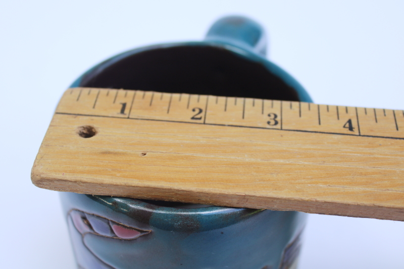 photo of Mara Mexico stoneware pottery mug, arty funky cats design on teal glaze ceramic #7