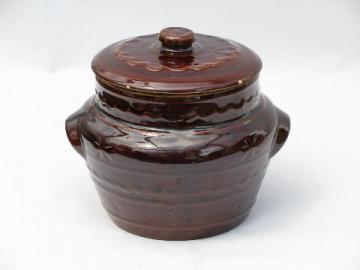 catalog photo of Marcrest brown daisy-dot pattern bean pot, vintage Western - Monmouth pottery