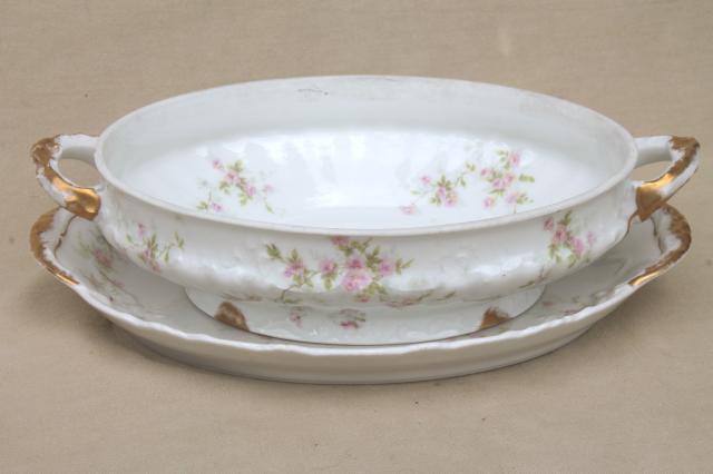 photo of Marie pink floral vintage Haviland Limoges china, oval serving dish & platter underplate #1