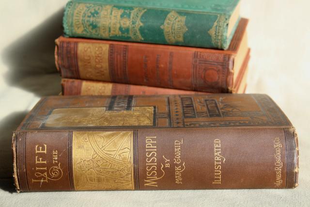 photo of Mark Twain, Washington Irving antique gold embossed Victorian era art binding book covers #3