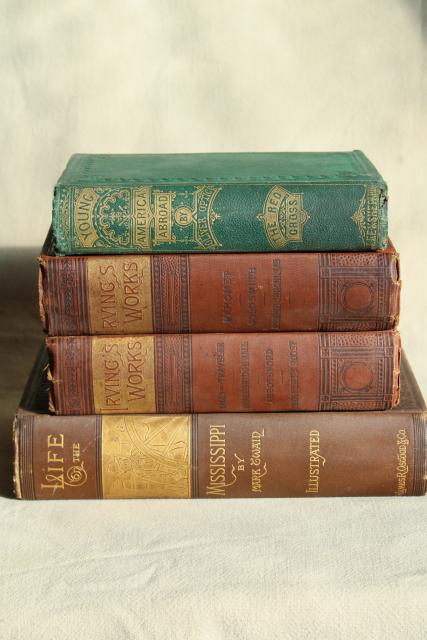 photo of Mark Twain, Washington Irving antique gold embossed Victorian era art binding book covers #6