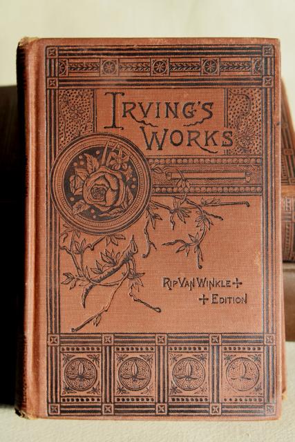 photo of Mark Twain, Washington Irving antique gold embossed Victorian era art binding book covers #10