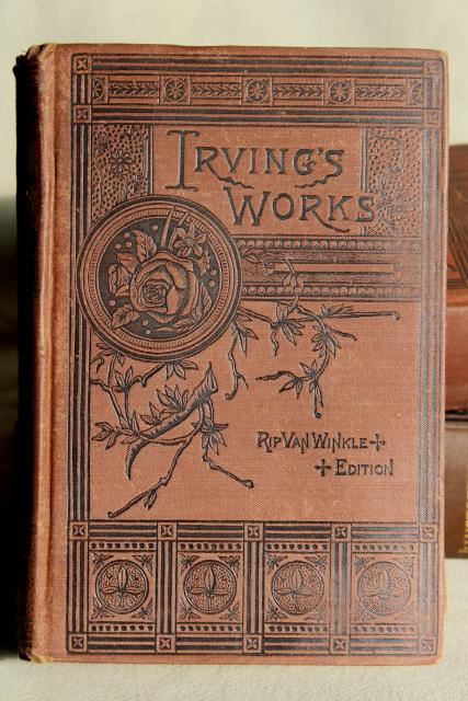 photo of Mark Twain, Washington Irving antique gold embossed Victorian era art binding book covers #12