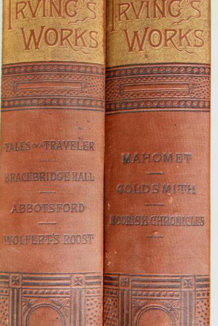 photo of Mark Twain, Washington Irving antique gold embossed Victorian era art binding book covers #13