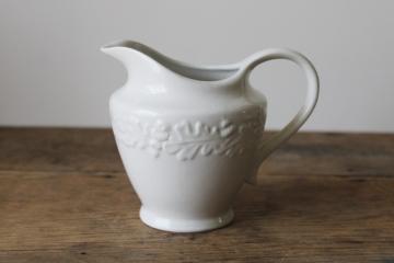 catalog photo of Martha Stewart Everyday white ironstone china creamer pitcher oak leaf & acorn embossed 