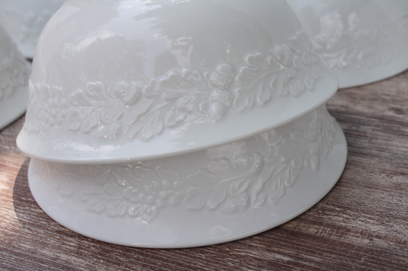 photo of Martha Stewart MSE Acorn oak leaf embossed china, deep bowls neutral fall dinnerware, white ironstone style #4