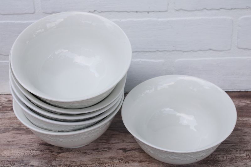 photo of Martha Stewart MSE Acorn oak leaf embossed china, deep bowls neutral fall dinnerware, white ironstone style #6