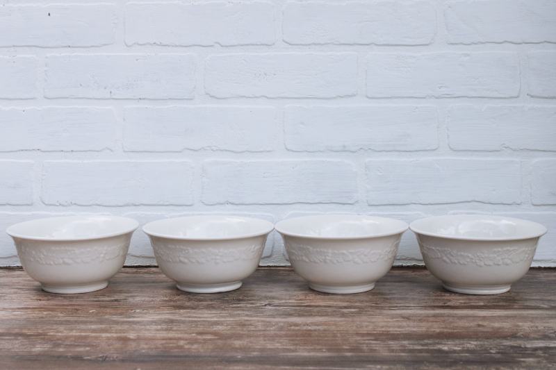 photo of Martha Stewart MSE Acorn oak leaf embossed china, deep bowls neutral fall dinnerware, white ironstone style #1