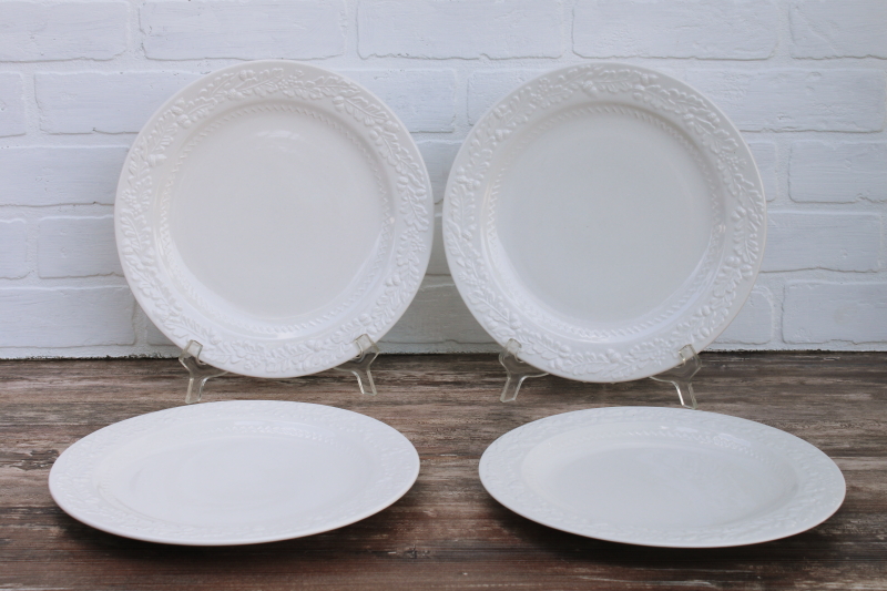 photo of Martha Stewart MSE Acorn oak leaf embossed china, neutral fall dinnerware dinner plates set, white ironstone style #1