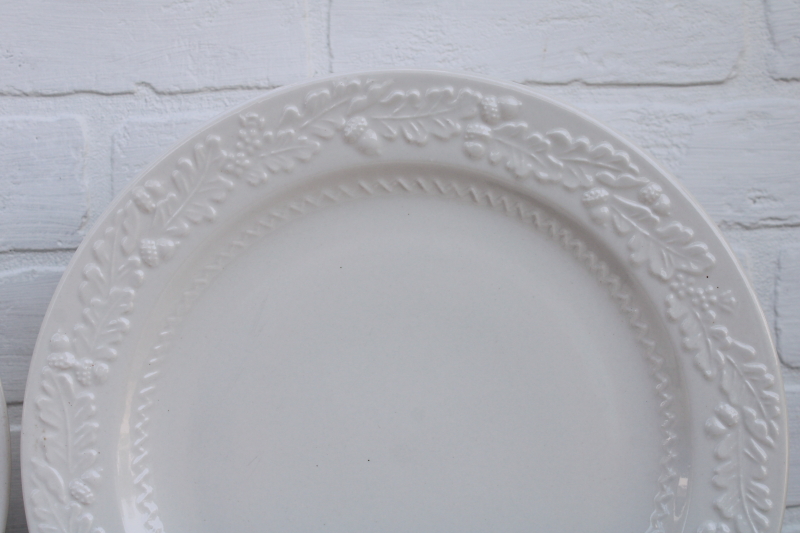 photo of Martha Stewart MSE Acorn oak leaf embossed china, neutral fall dinnerware dinner plates set, white ironstone style #2