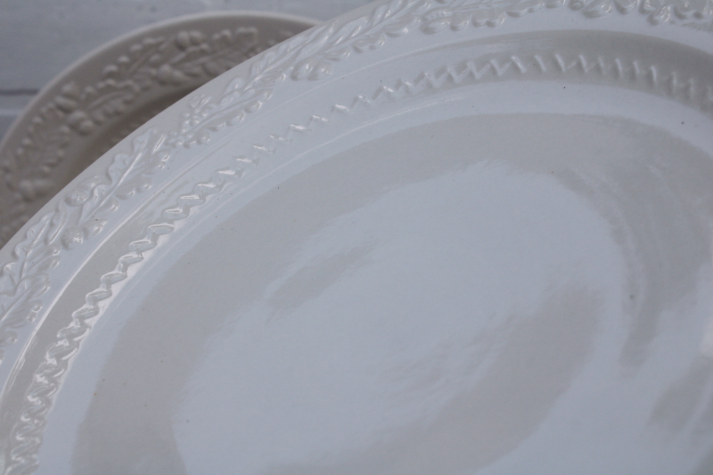 photo of Martha Stewart MSE Acorn oak leaf embossed china, neutral fall dinnerware dinner plates set, white ironstone style #3