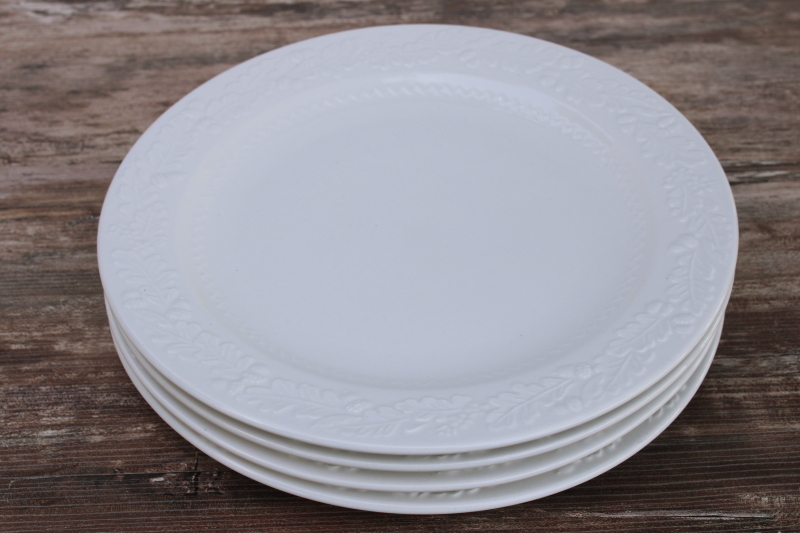 photo of Martha Stewart MSE Acorn oak leaf embossed china, neutral fall dinnerware dinner plates set, white ironstone style #6