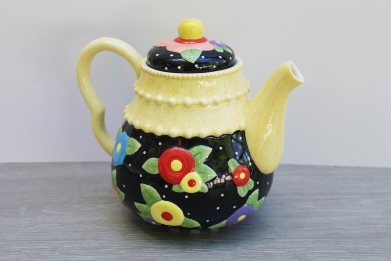 photo of Mary Engelbreit ME Ink ceramic teapot, Y2K vintage colorful flowers black & yellow  #1