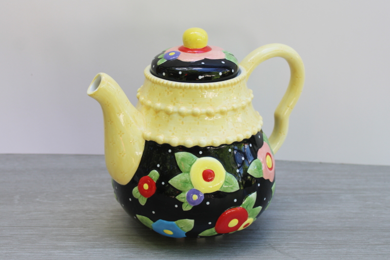 photo of Mary Engelbreit ME Ink ceramic teapot, Y2K vintage colorful flowers black & yellow  #2