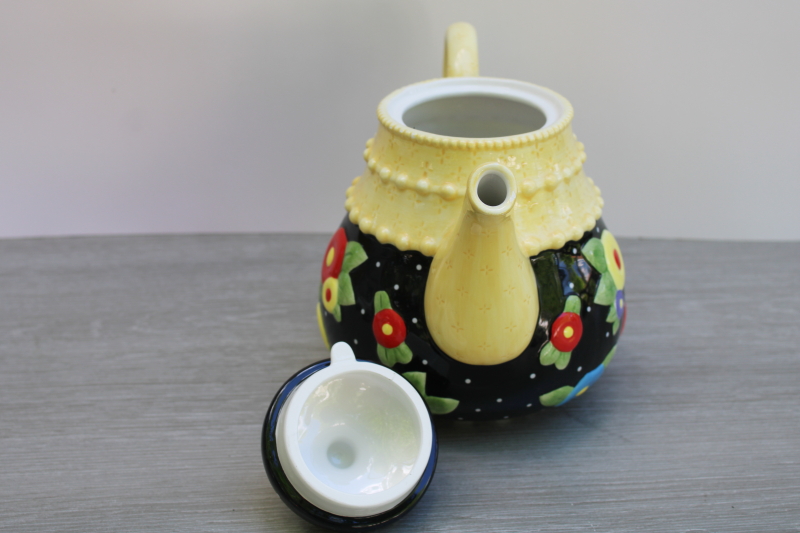 photo of Mary Engelbreit ME Ink ceramic teapot, Y2K vintage colorful flowers black & yellow  #3