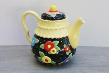 catalog photo of Mary Engelbreit ME Ink ceramic teapot, Y2K vintage colorful flowers black & yellow 