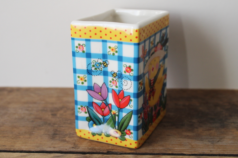 photo of Mary Engelbreit ceramic paper bag vase or planter, spring chick in flowered sun hat  #2