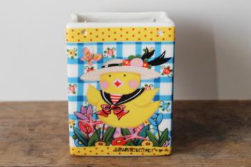 catalog photo of Mary Engelbreit ceramic paper bag vase or planter, spring chick in flowered sun hat 