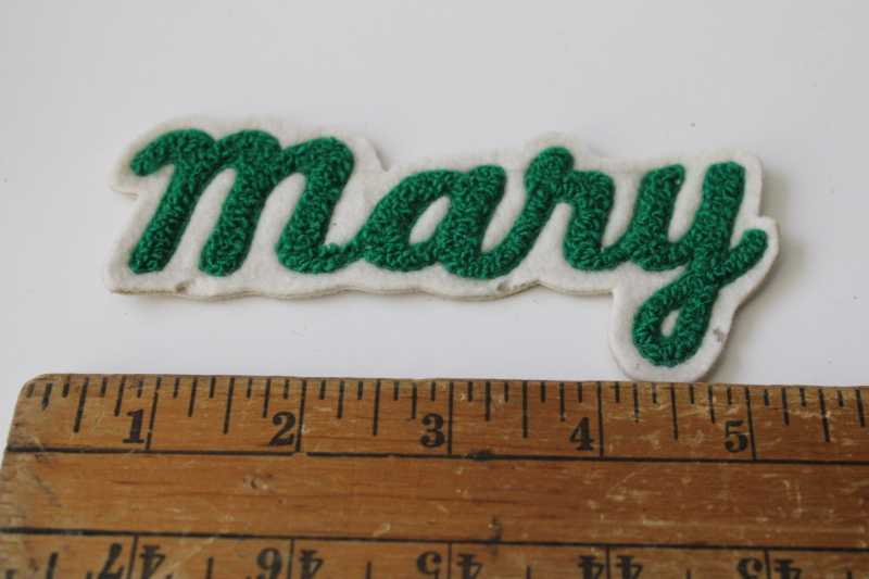 photo of Mary name patch, 1950s vintage varsity jacket badge green chenille letters on wool felt  #1