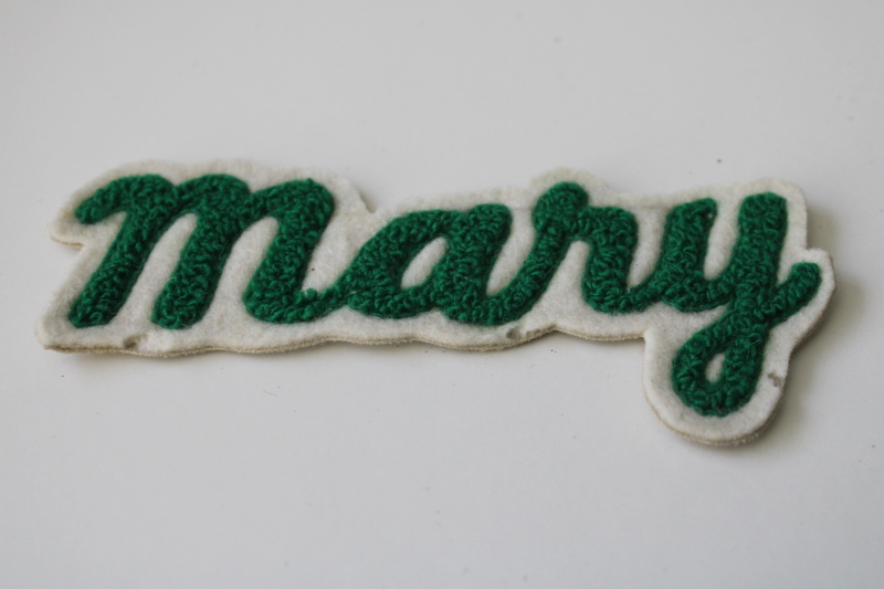 photo of Mary name patch, 1950s vintage varsity jacket badge green chenille letters on wool felt #2
