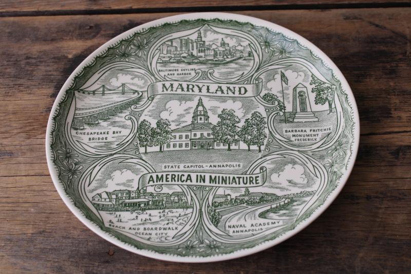 photo of Maryland souvenir plate green & white print map, tourist vacation spots #1