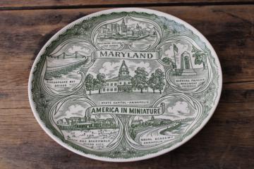 catalog photo of Maryland souvenir plate green & white print map, tourist vacation spots