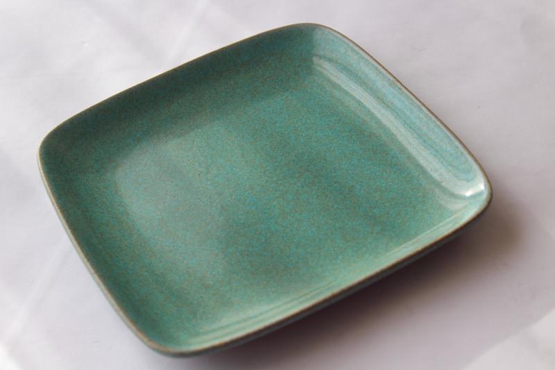 photo of Matrix Glidden pottery square plate, turquoise tan speckle glaze mid-century mod vintage #1