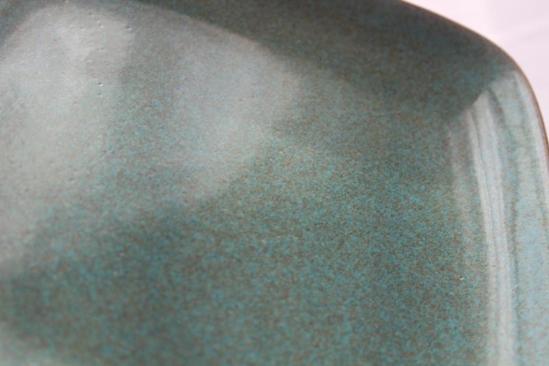 photo of Matrix Glidden pottery square plate, turquoise tan speckle glaze mid-century mod vintage #2