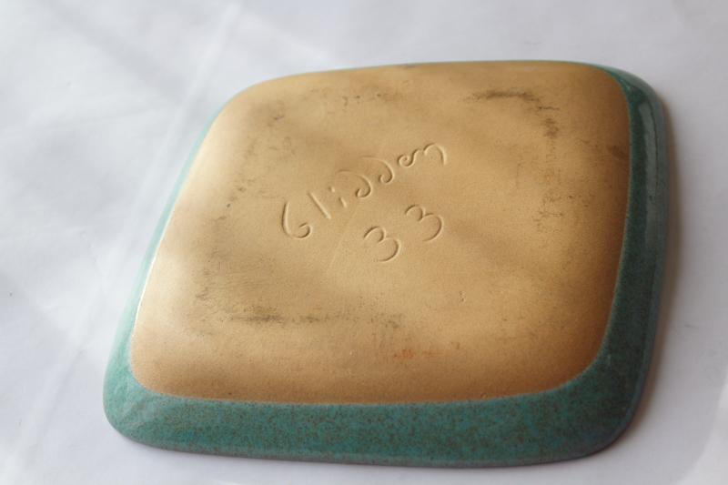 photo of Matrix Glidden pottery square plate, turquoise tan speckle glaze mid-century mod vintage #3