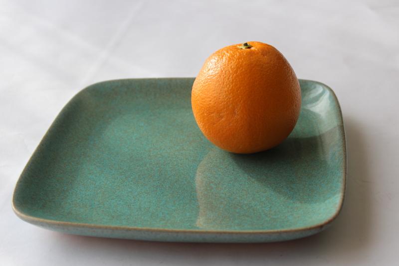 photo of Matrix Glidden pottery square plate, turquoise tan speckle glaze mid-century mod vintage #4