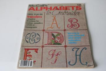 catalog photo of McCall's needlework book iron on embroidery transfers monogram alphabets 70s 80s vintage, retro hippie & cottage styles 