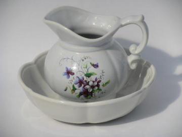 catalog photo of McCoy pottery, vintage china wash pitcher and bowl set, purple violets