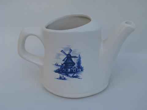 photo of McCoy pottery, vintage watering can planter, Delft blue scene #1