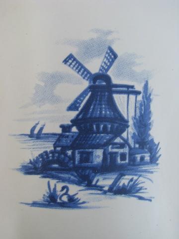 photo of McCoy pottery, vintage watering can planter, Delft blue scene #2