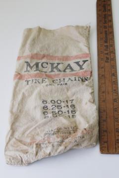 catalog photo of McKay tire chains vintage bag, cotton feed sack fabric w/ print graphics
