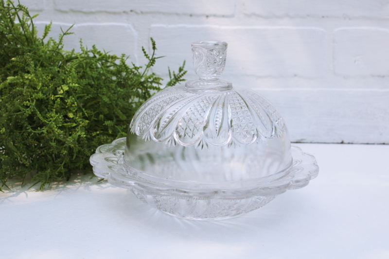 photo of McKee Doric feather pattern pressed glass butter dish, round butter dish plate w/ dome cover #1