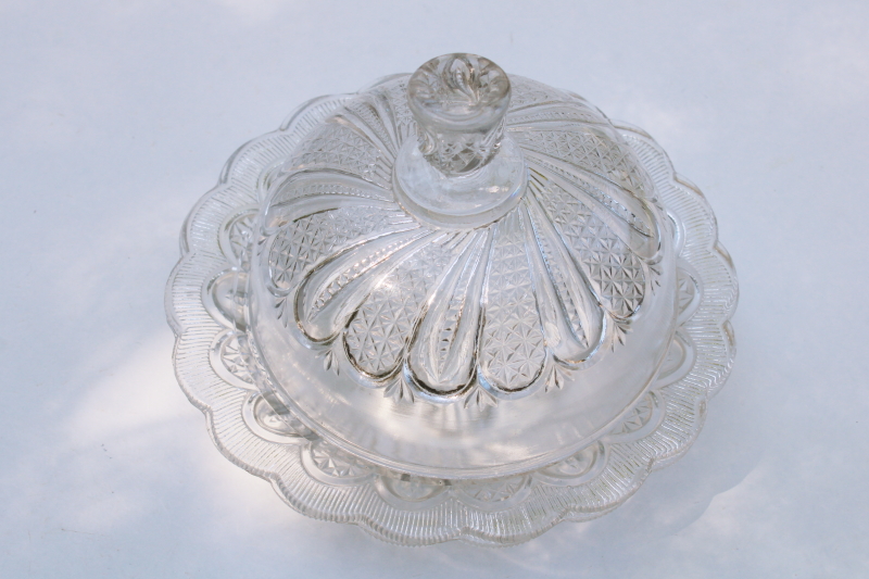 photo of McKee Doric feather pattern pressed glass butter dish, round butter dish plate w/ dome cover #5