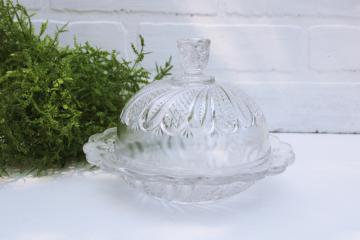 photo of McKee Doric feather pattern pressed glass butter dish, round butter dish plate w/ dome cover