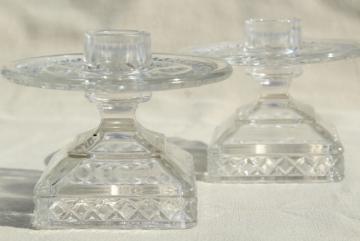 catalog photo of McKee Plymouth candle holders, vintage thumbprint waffle pattern glass candlesticks